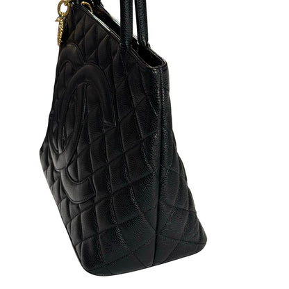 Used Chanel Calfskin Leather Vintage Tote Bag Black GHW