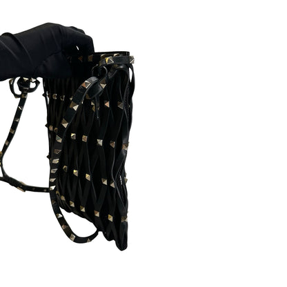 Used VALENTINO Leather Mesh Rockstud Spike Tote Bag Black Silver