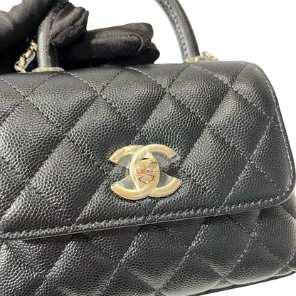 Used CHANEL Calfskin Leather Nano Coco Handle Shoulder Bag Black GHW