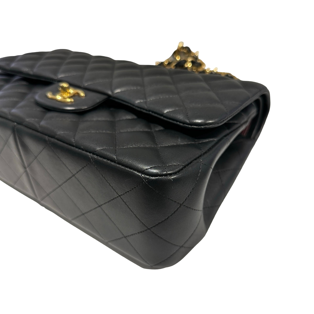 Used CHANEL Lambskin Quilted Jumbo Shoulder Bag Black Gold