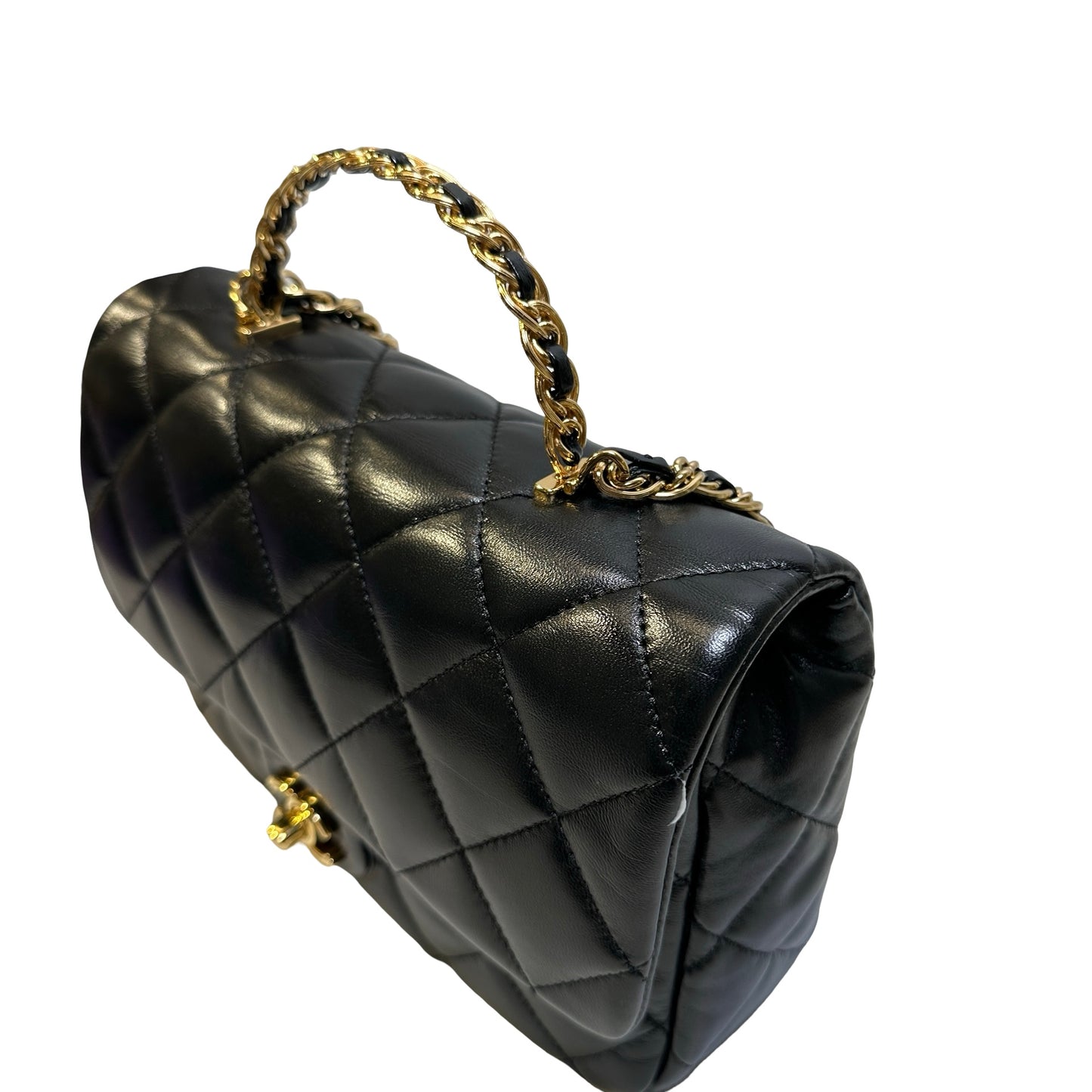 Used CHANEL Quilted Lambskin Top Handle Flap Bag Handbag Black