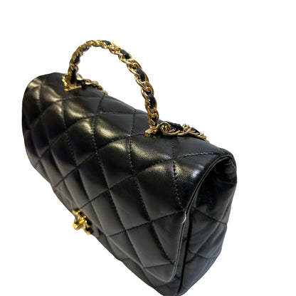 Used CHANEL Quilted Lambskin Top Handle Flap Bag Handbag Black