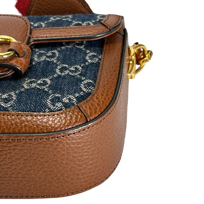 Used GUCCI GG Canvas Leather Trim Horsebit 1955 Mini Bag Shoulder Bag Blue Brown
