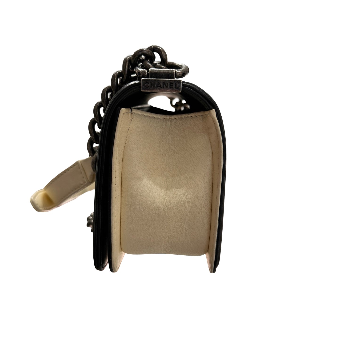 Used CHANEL Lambskin Leather Boy 20cm Shoulder Bag Black White