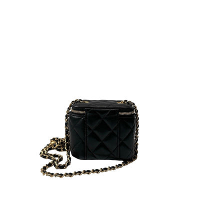 Used CHANEL Lambskin Leather Vanity Case with Gold Ball Cross Body Bag Black GHW