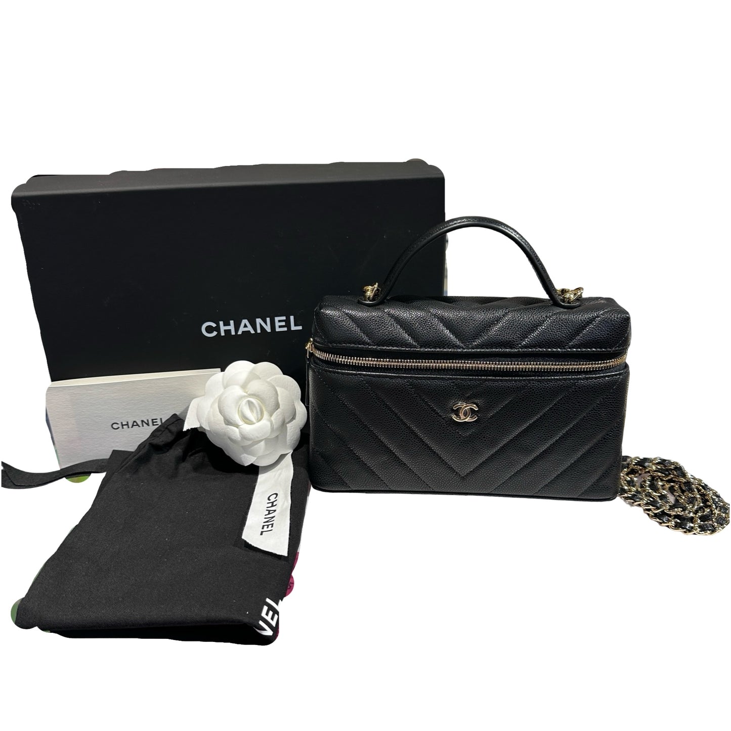 Unused CHANEL Calfskin Leather Vanity Case Cross Body Bag Black GHW