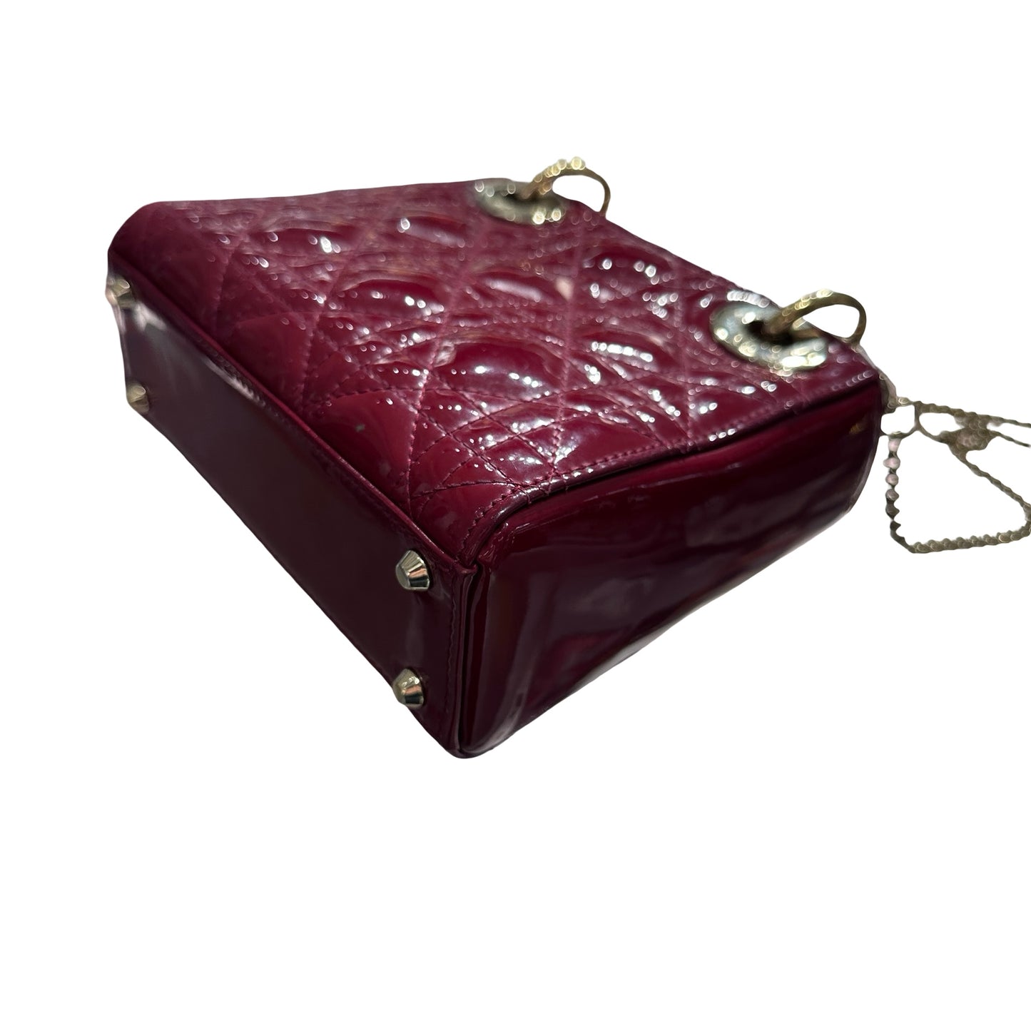 Used Dior Patent Leather Mini Lady Dior Top Handle Bag Cherry Red GHW