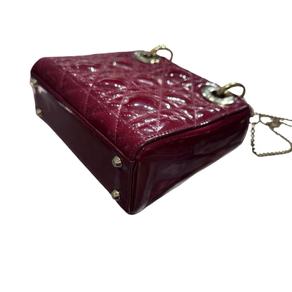 Used Dior Patent Leather Mini Lady Dior Top Handle Bag Cherry Red GHW