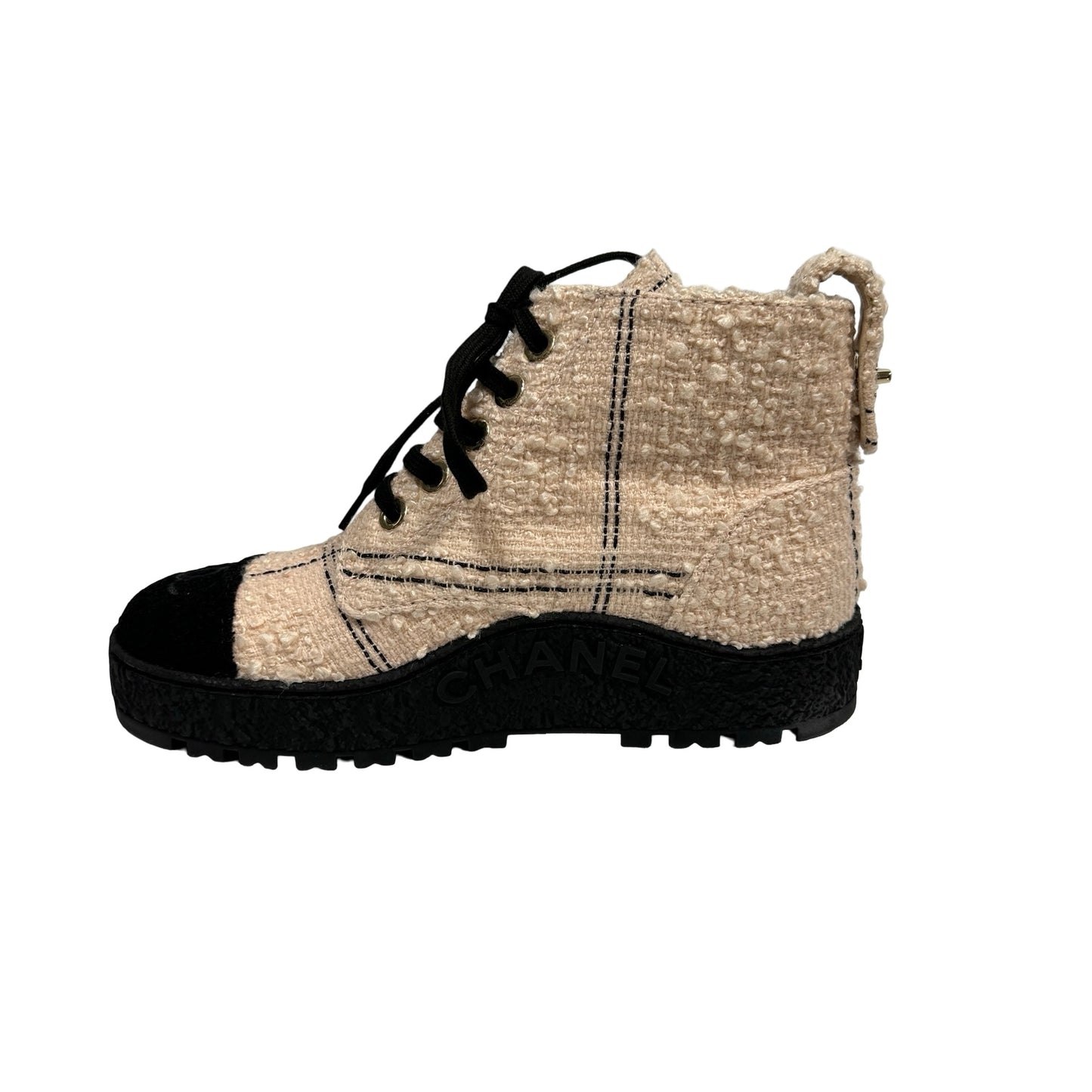 Used CHANEL Tweed High-top Sneakers Shoes Beige Black GHW