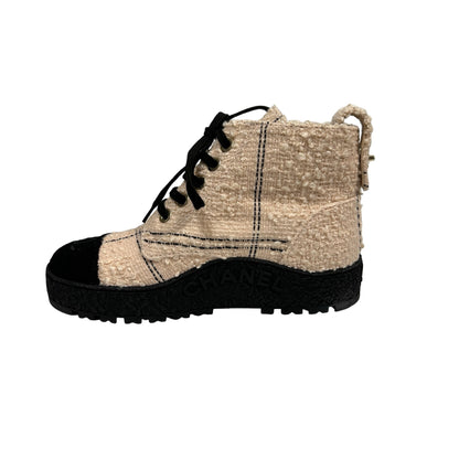 Used CHANEL Tweed High-top Sneakers Shoes Beige Black GHW