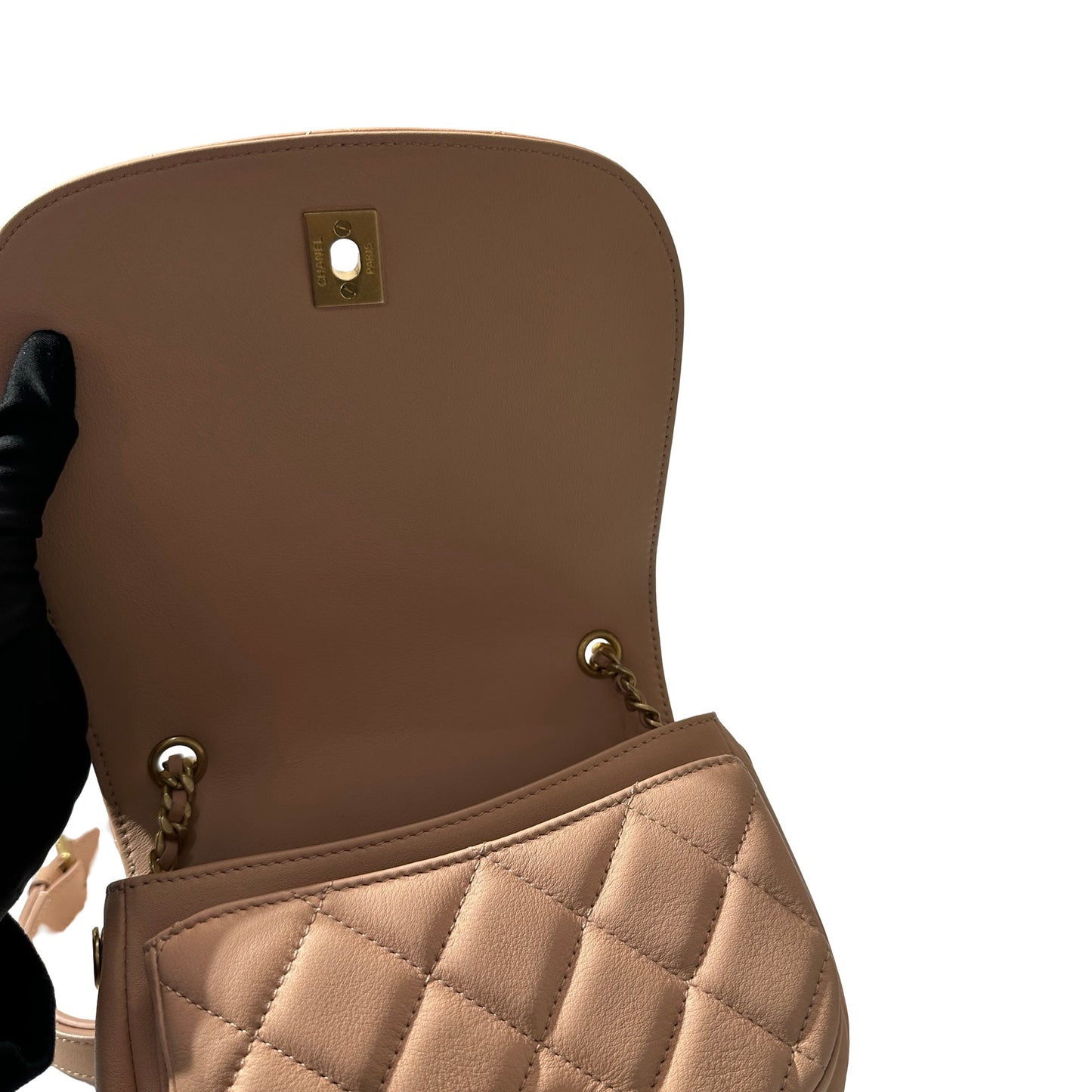 Used CHANEL Calfskin Leather 21S Messenger Bag Beige GHW