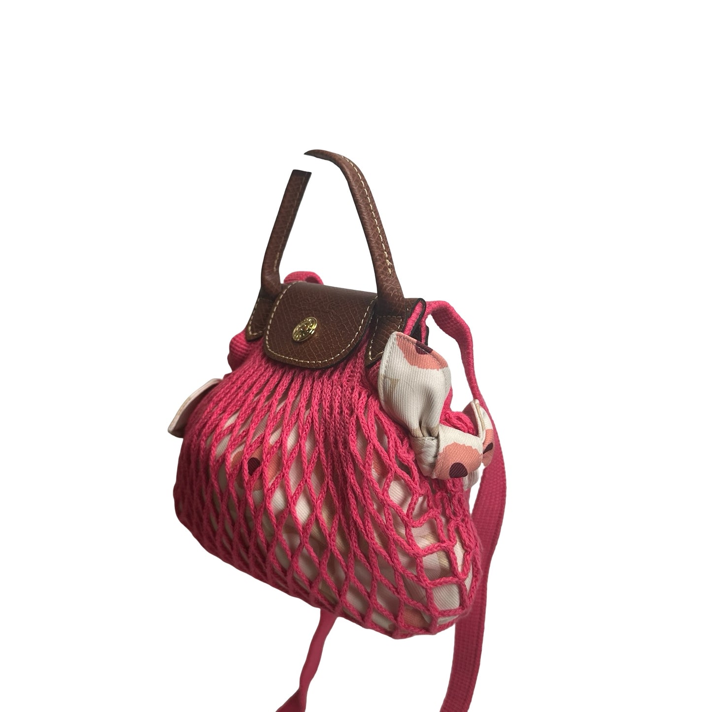 Used LONGCHAMP Netting Le Pliage Filet Cross body bag Pink Brown
