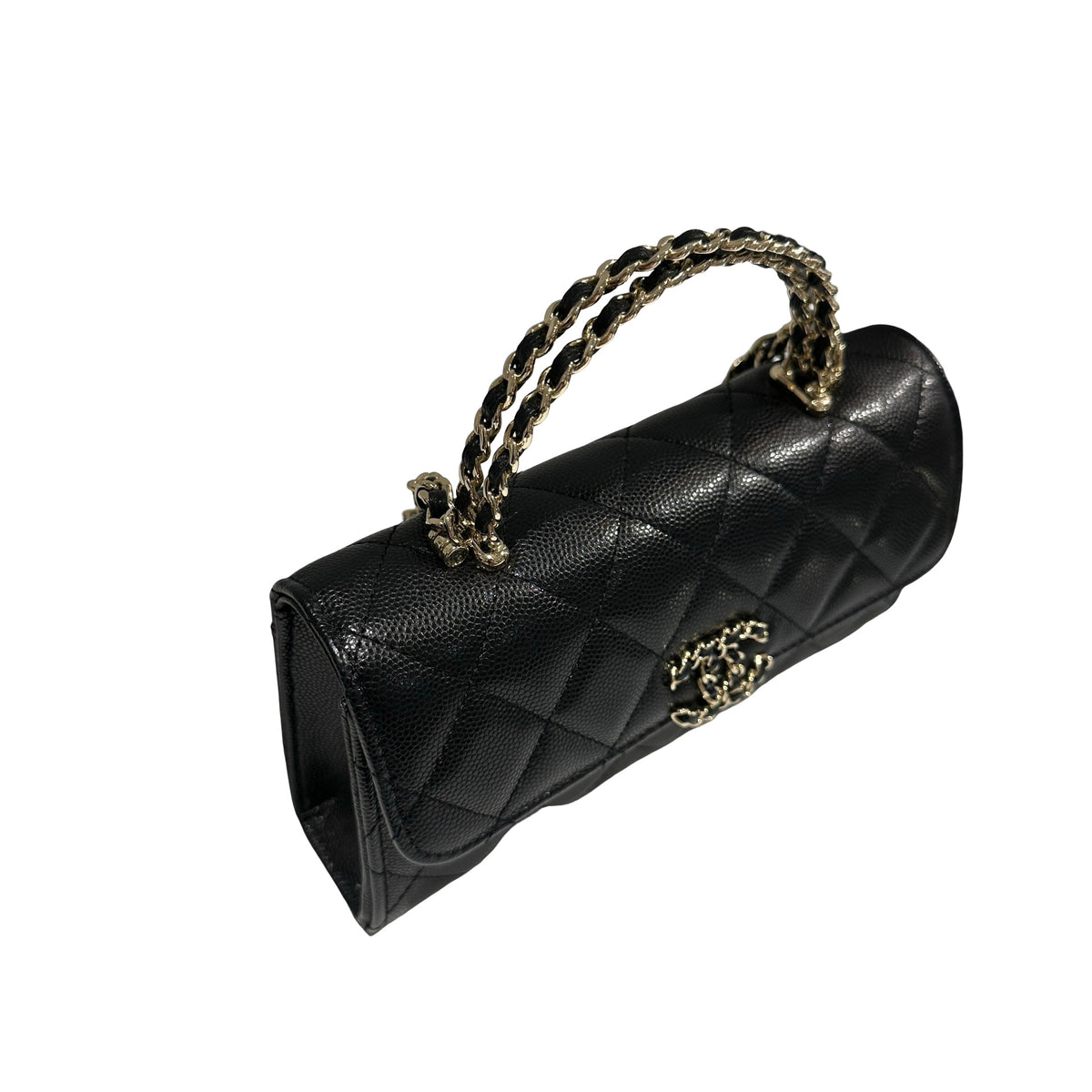 Used CHANEL Quilted Caviar Handle Classic Flap Handbag Black Gold