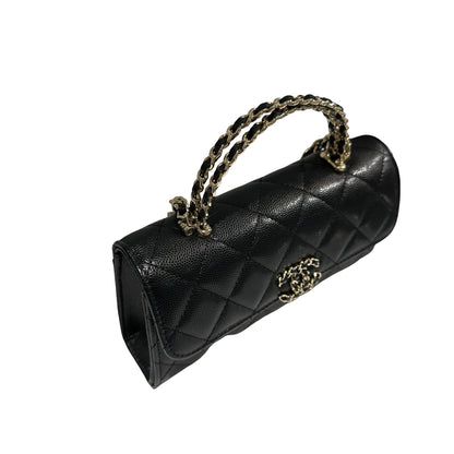 Used CHANEL Quilted Caviar Handle Classic Flap Handbag Black Gold