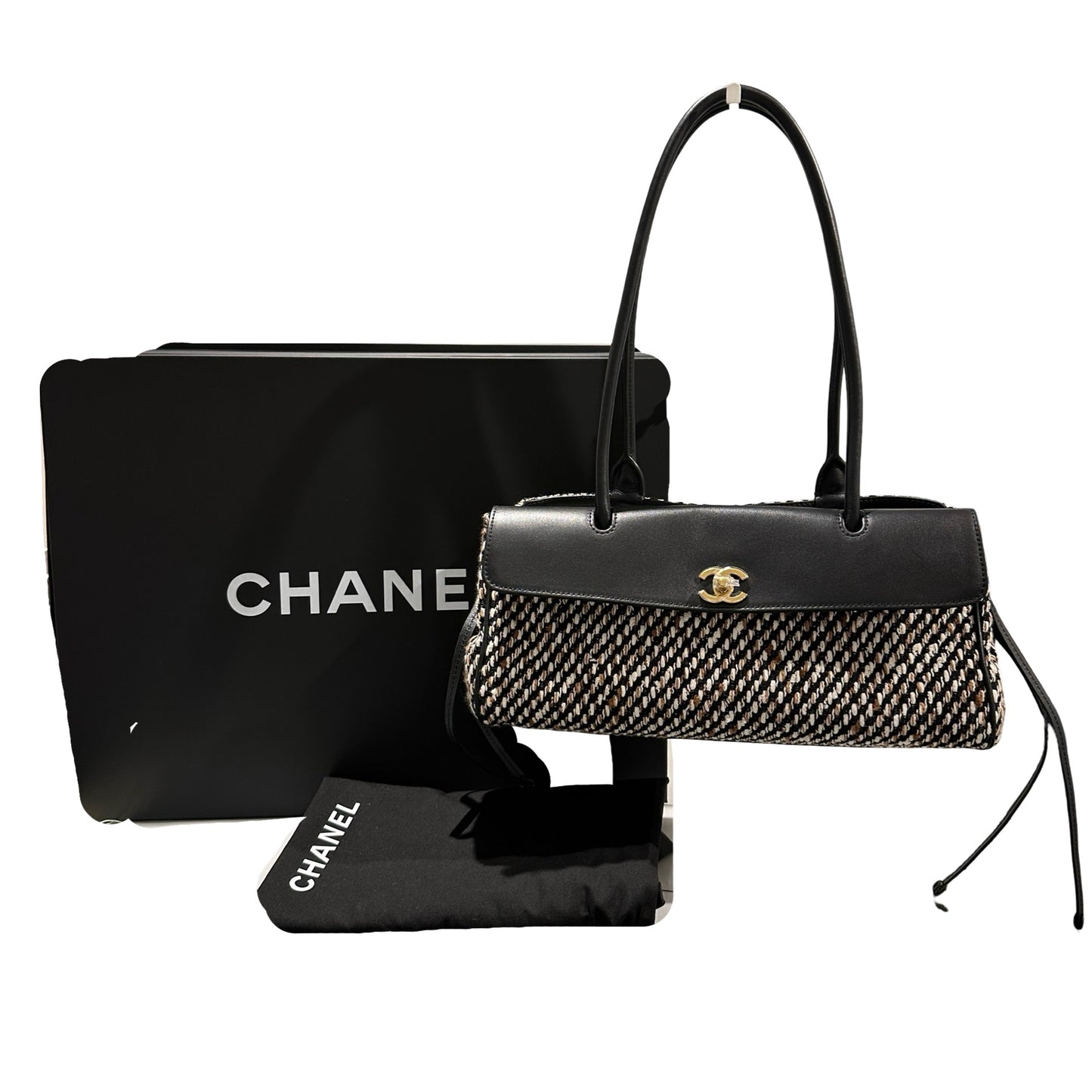 Used CHANEL Tweed Leather Suede Tweed and Leather CC Shoulder Bag Shoulder Bag Black Brown White
