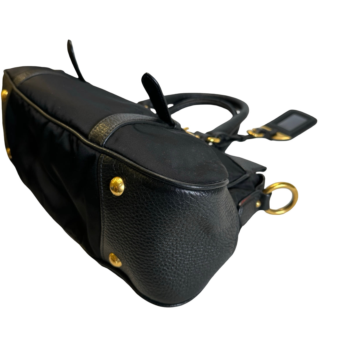 Used PRADA Nylon Leather Tessuto Vitello Daino Satchel Handbag Black Gold