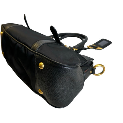 Used PRADA Nylon Leather Tessuto Vitello Daino Satchel Handbag Black Gold