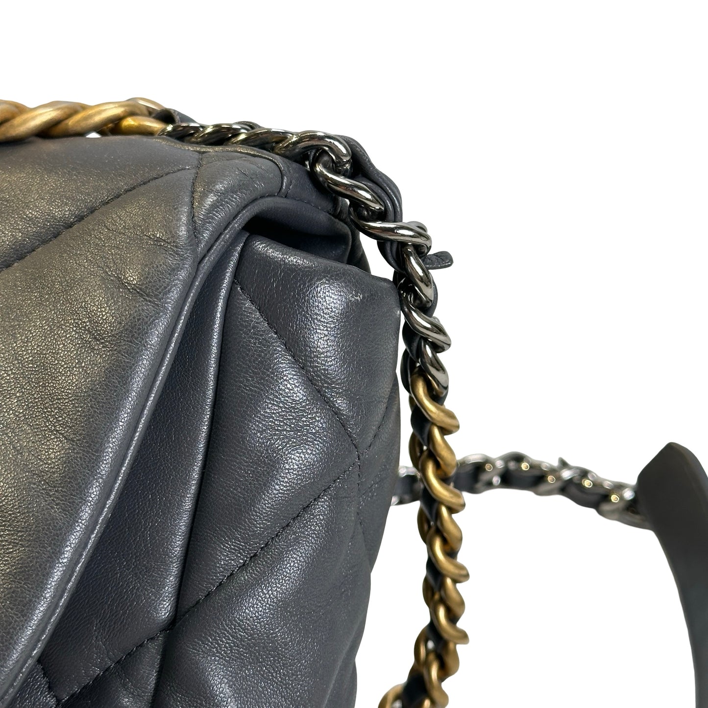Used CHANEL Quilted Goatskin Chanel 19 Chain Shoulder Bag Grey Gold Ruthenium