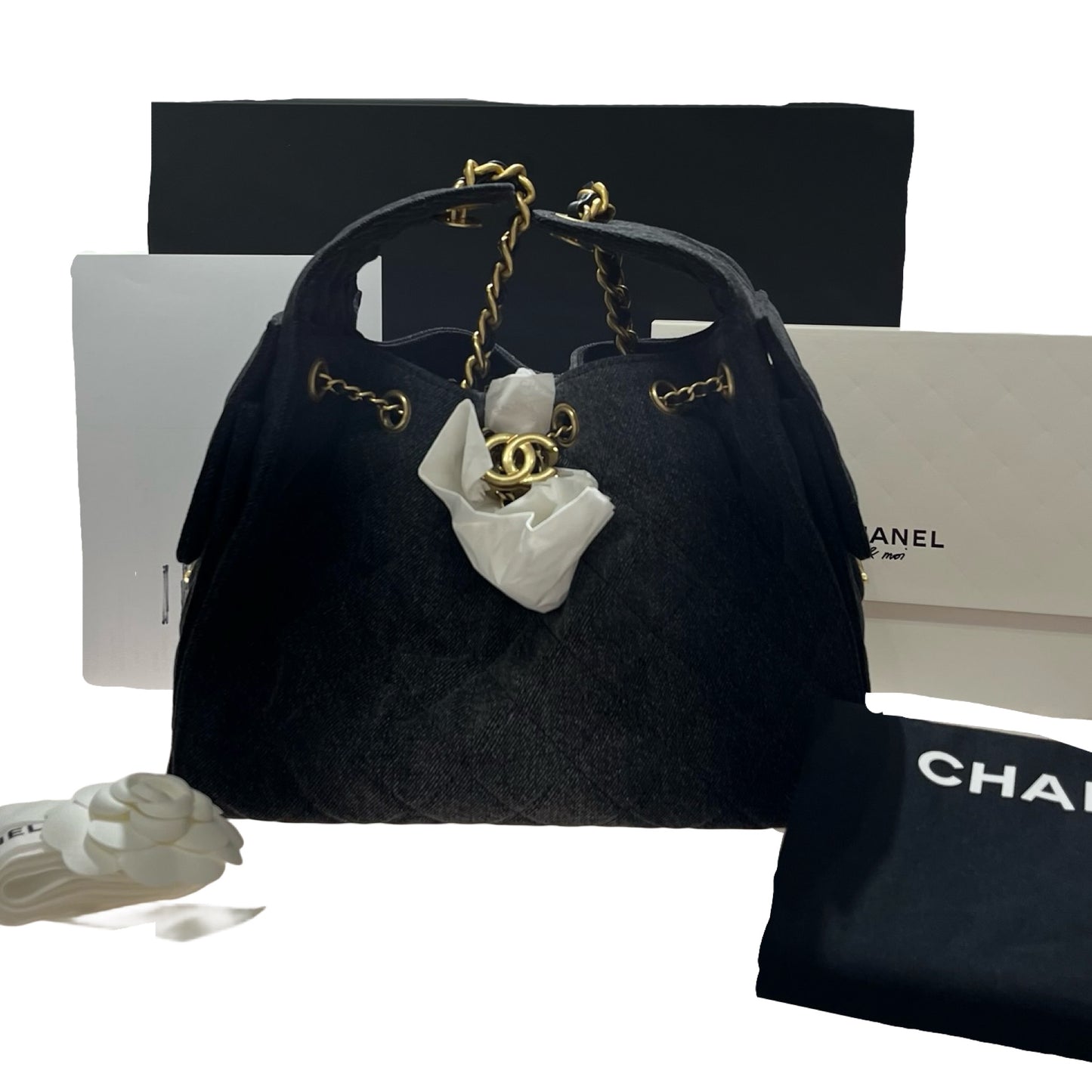 New CHANEL Denim Small 25 Denim Shoulder Bag GHW Black
