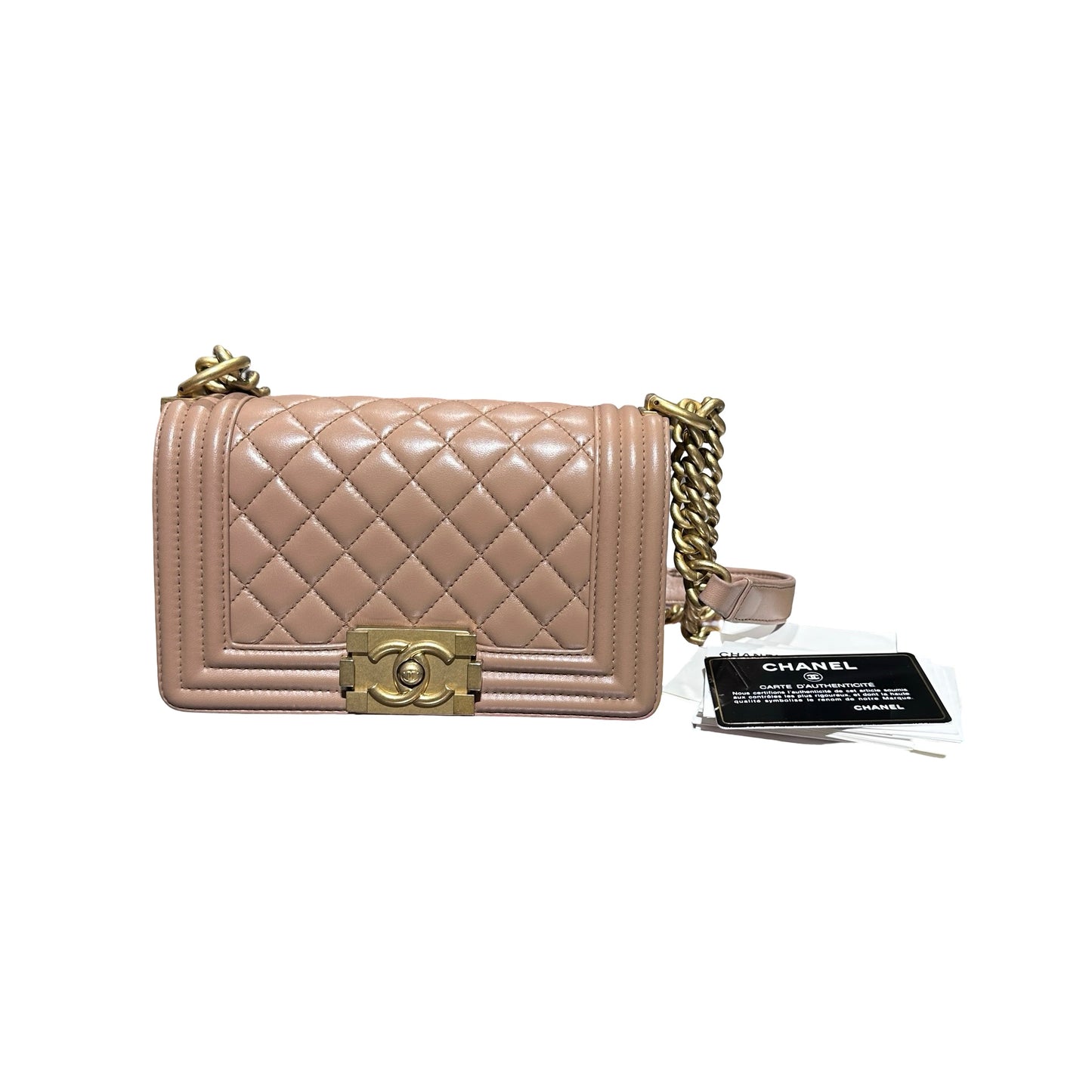 Used CHANEL Calfskin Leather Boy 20cm Shoulder Bag Beige GHW