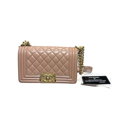 Used CHANEL Calfskin Leather Boy 20cm Shoulder Bag Beige GHW