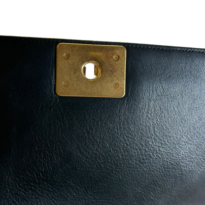 Used CHANEL Woven Leather Boy Chain Shoulder Bag Black Gold