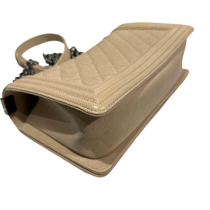 Used Chanel Caviar Leather Boy 25 Shoulder Bag Beige PHW