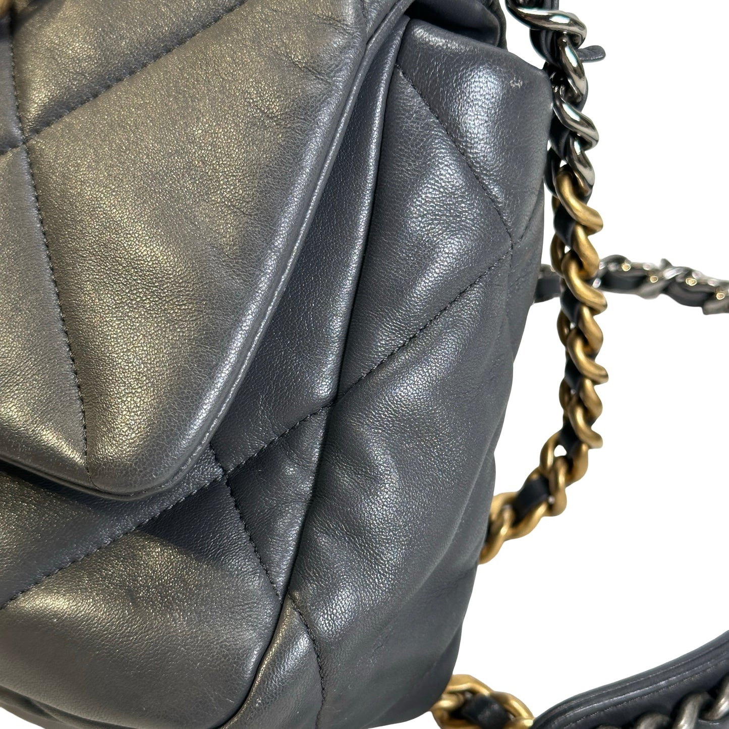 Used CHANEL Quilted Goatskin Chanel 19 Chain Shoulder Bag Grey Gold Ruthenium