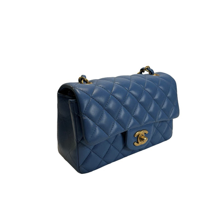 Used CHANEL Quilted Lambskin Classic Flap Handbag Blue Gold hardware
