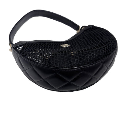 Used CHANEL Mesh 25S Half Moon Clutch Chain Shoulder Bag Black