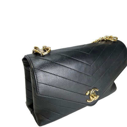Used CHANEL Calf skin Chevron Top Handle Bag Shoulder Bag Black GHW