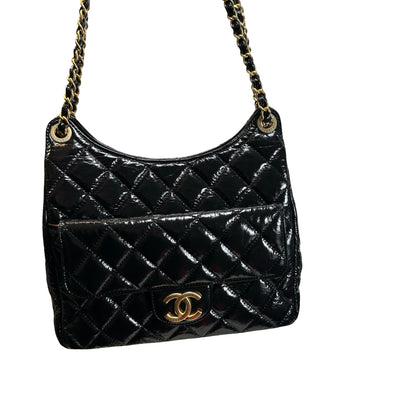 Used CHANEL Quilted Patent Leather Hobo Hobo Bag Black Gold Hardware