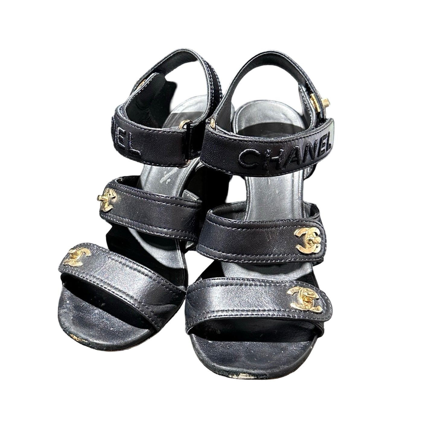 Used Chanel Calfskin Leather Heels Black GHW