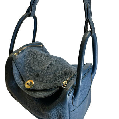 Used HERMES Leather Togo Lindy Handbag Blue PHW