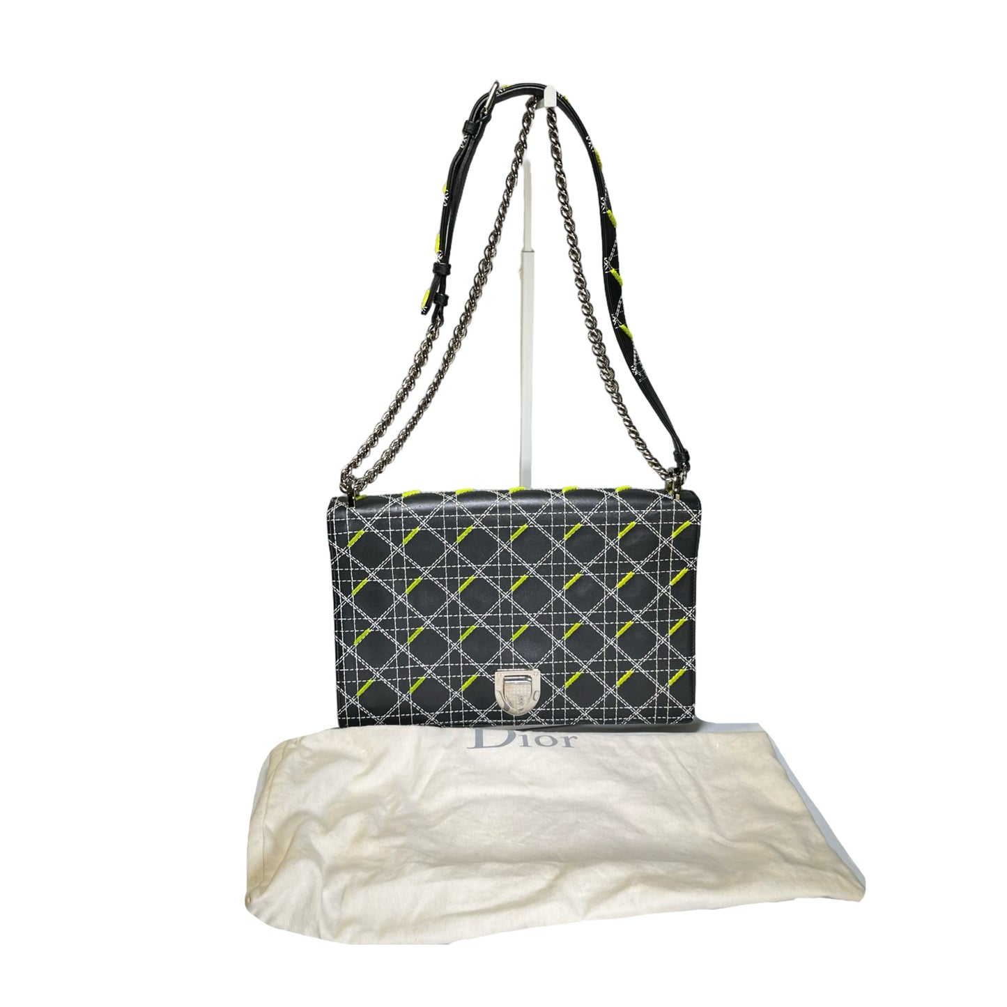 Used DIOR Cannage Leather Diorama Chain Shoulder Bag Black Yellow White PHW