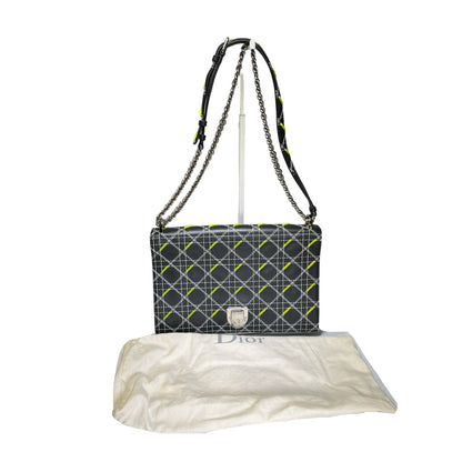 Used DIOR Cannage Leather Diorama Chain Shoulder Bag Black Yellow White PHW