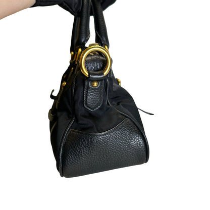 Used PRADA Nylon Leather Tessuto Vitello Daino Satchel Handbag Black Gold