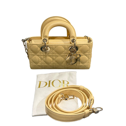 Used DIOR Lambskin Leather LADY D-JOY MINI Two Way Shoulder Bag Yellow PHW