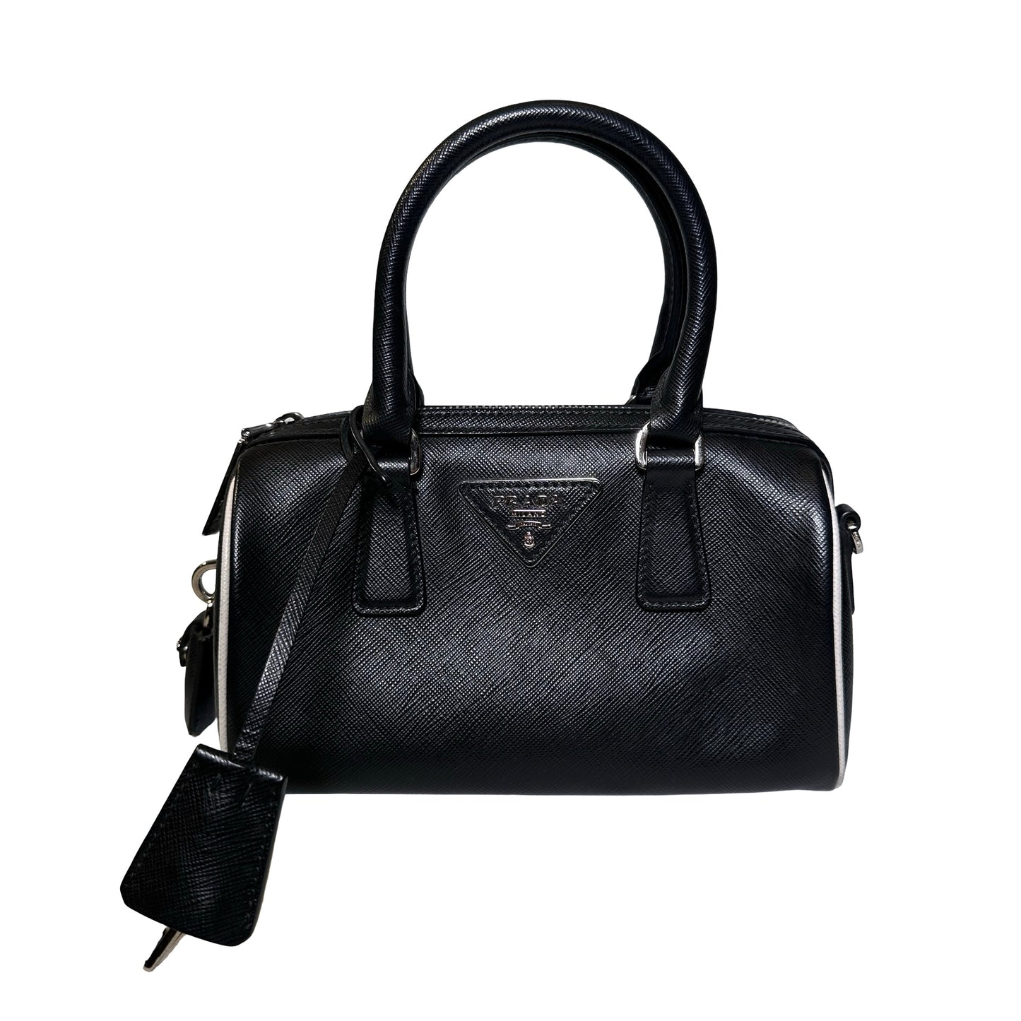 Used PRADA Lambskin Leather Small Top Handle Cross Body Bag PHW Black