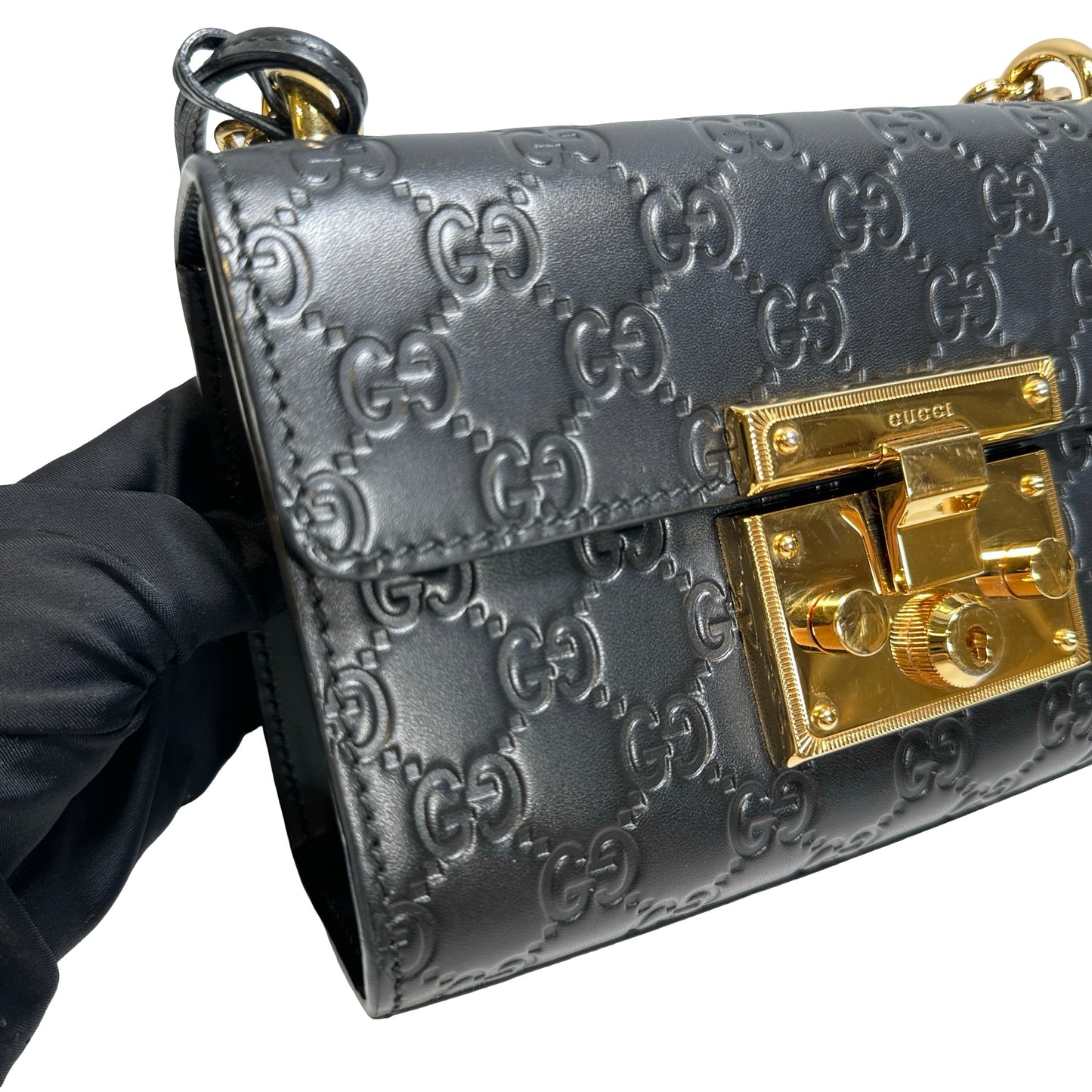 Used GUCCI Calfskin Leather Padlock Shoulder Bag Black GHW