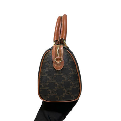 Used CÉLINE Calfskin Leather TRIOMPHE Canvas Boston small Shoulder Bag Brown GHW