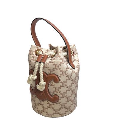 Used CELINE Triomphe Canvas Calfskin Teen Triomphe Drawstring Drawstring Bag Beige Brown GHW
