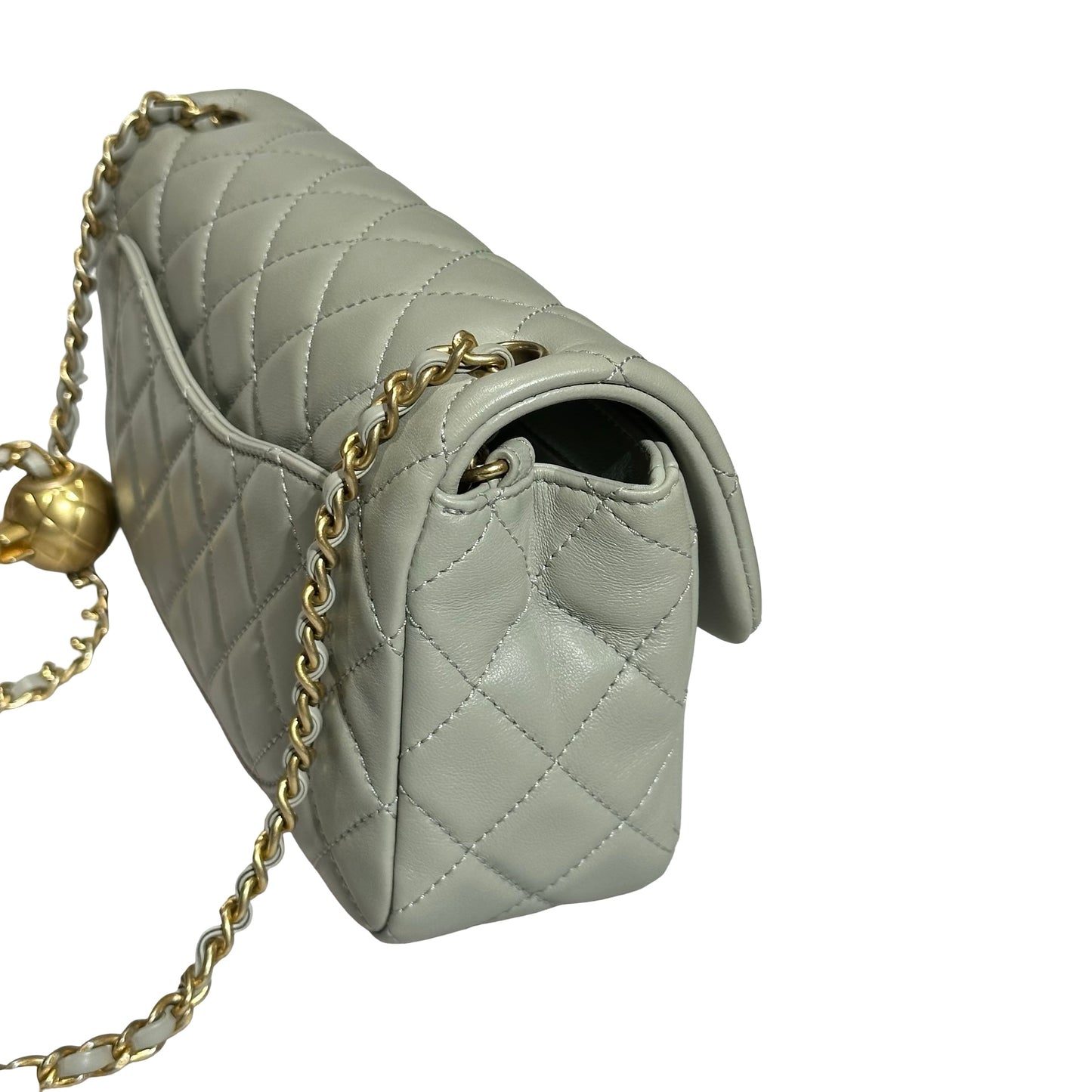 Used CHANEL Lambskin Leather Classic Flap with Gold Ball Chain Shoulder Bag Grey GHW