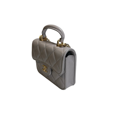 Used CHANEL Quilted Lambskin Mini Flap Bag with Top Handle Mini Bag Grey GHW