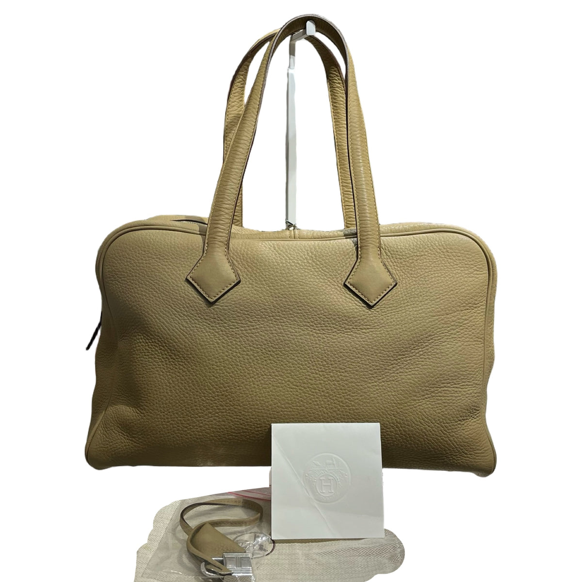 Used HERMES Leather Victoria Handbag Beige PHW