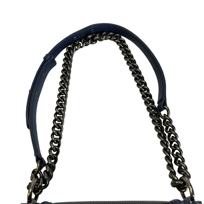 Used CHANEL Lizard Calfskin Boy Bag Shoulder Bag Navy Blue