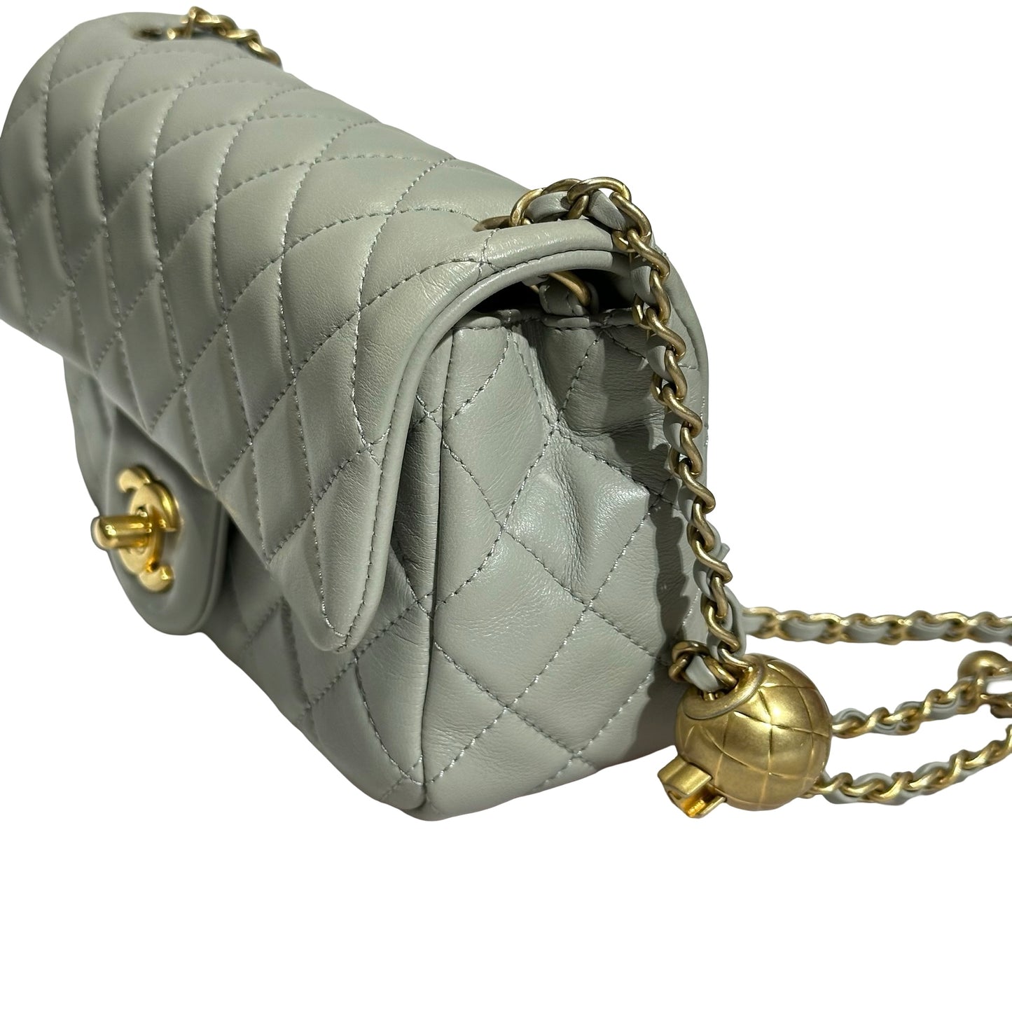 Used CHANEL Lambskin Leather Classic Flap with Gold Ball Chain Shoulder Bag Grey GHW
