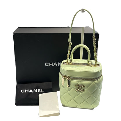 Used CHANEL Vanity Case with Handle Shoulder Bag Green GHW
