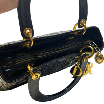 Used DIOR Cannage Patent Leather Lady Dior Handbag Black Gold