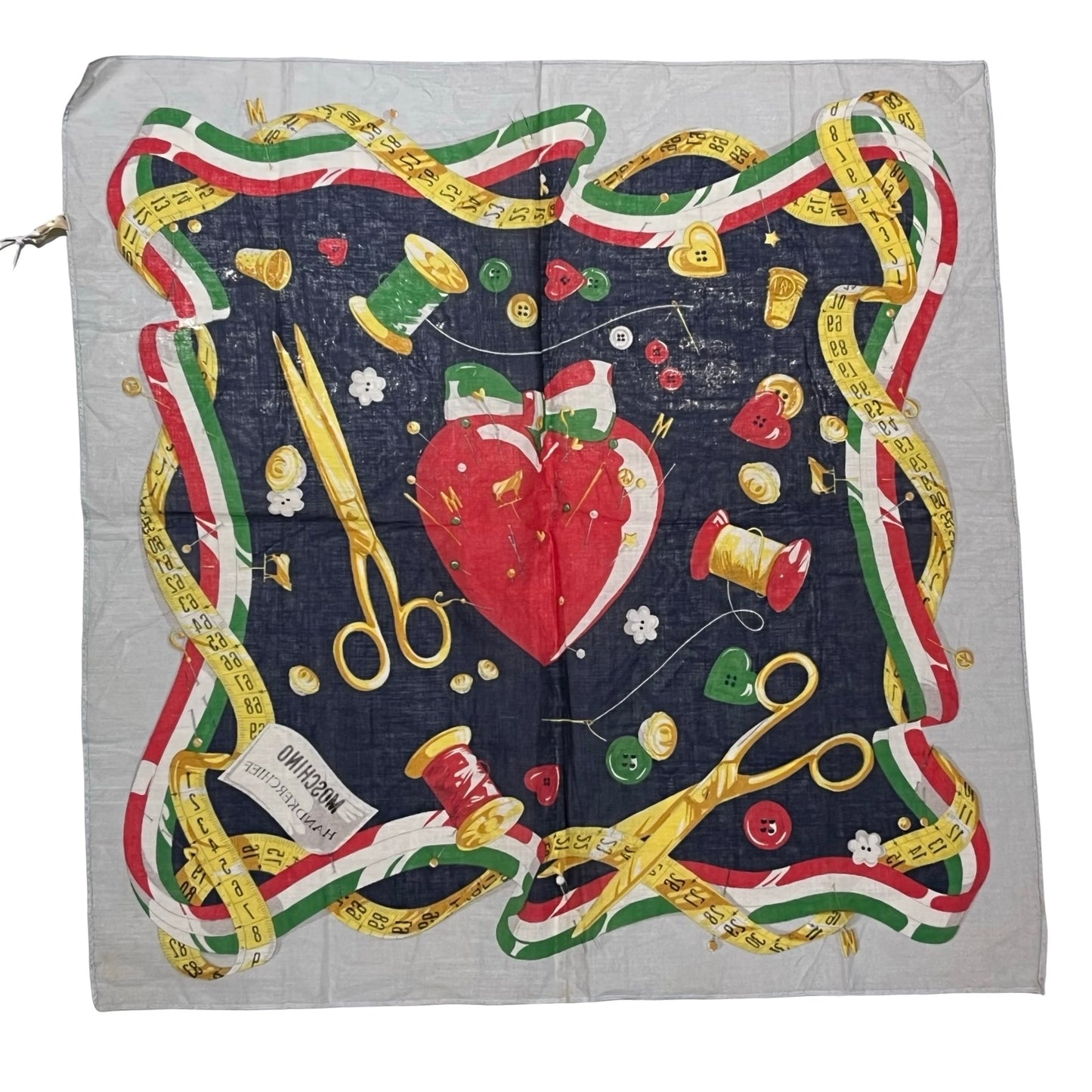Used MOSCHINO Cotton Tailoring Square Scarf White Navy Yellow Scarf